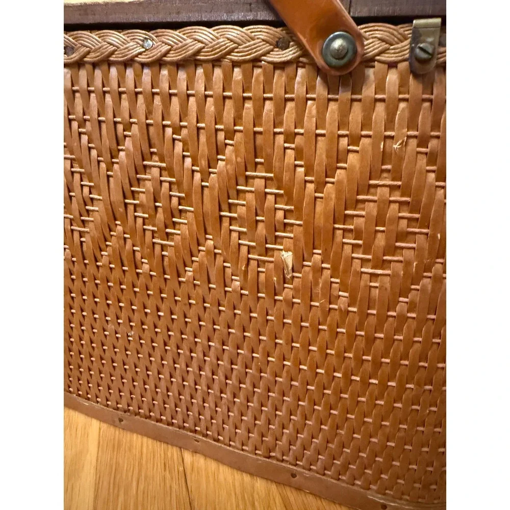 Vintage Red-Man Woven Picnic Basket Wood Lid Brown Diamond Pattern Peru Indiana